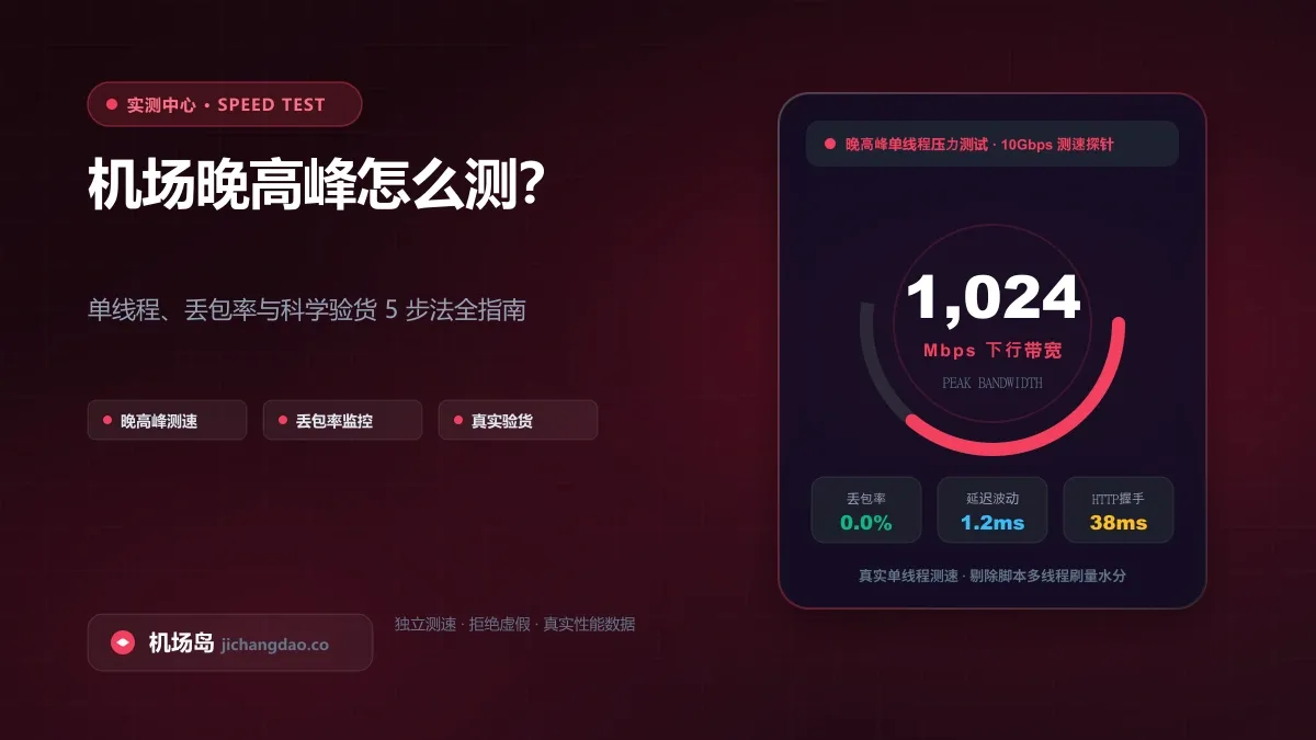 机场怎么测速？看懂彩色测速图与真实性能：延迟、单线程、丢包与晚高峰验货全指南配图